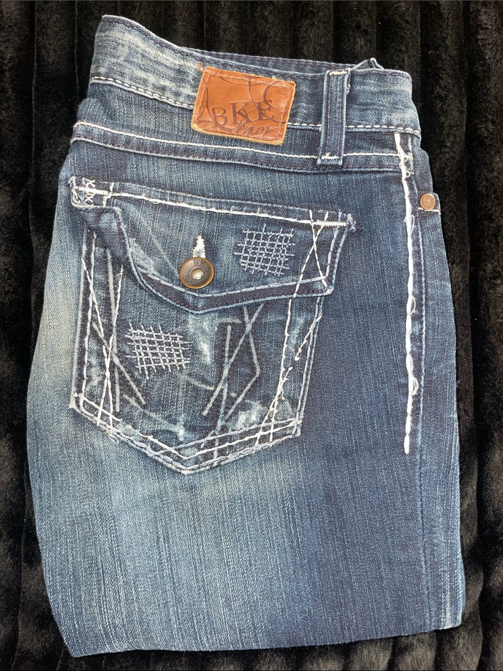 BKE Women's Blue Distressed Bootcut Jeans with Embroidered Back Pocket